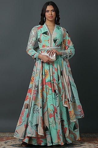 Powder Blue Luxury Georgette Digital Printed Anarkali Set by VINNY KHURANA OFFICIAL