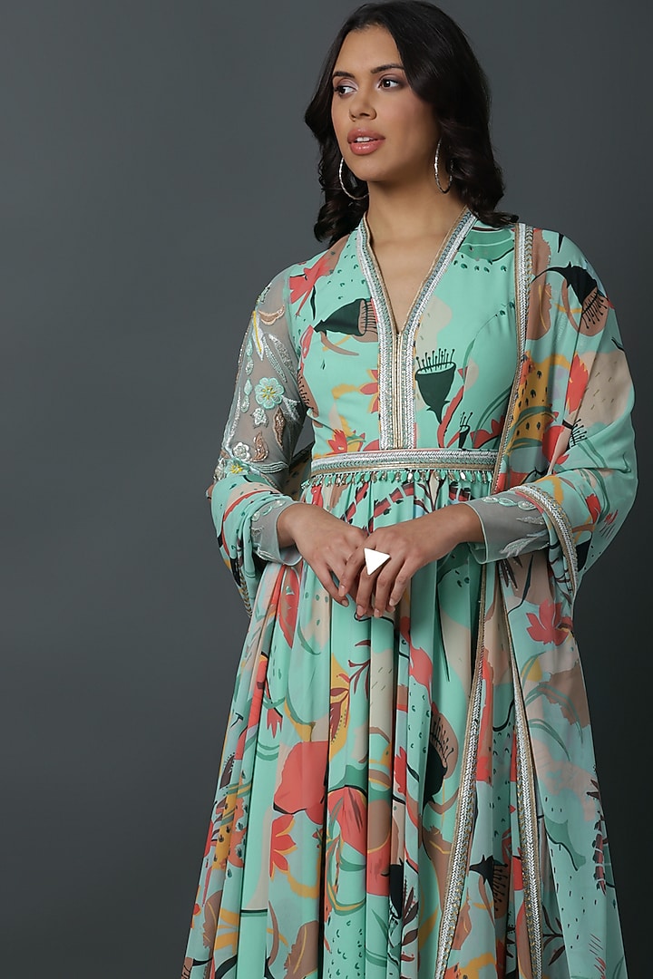 Powder Blue Luxury Georgette Digital Printed Party Wear Anarkali Set by VINNY KHURANA OFFICIAL at Pernia's Pop Up Shop