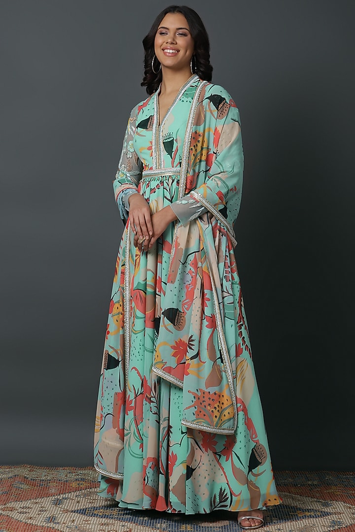 Powder Blue Luxury Georgette Digital Printed Party Wear Anarkali Set by VINNY KHURANA OFFICIAL at Pernia's Pop Up Shop