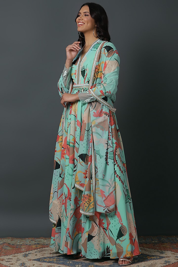 Powder Blue Luxury Georgette Digital Printed Party Wear Anarkali Set by VINNY KHURANA OFFICIAL at Pernia's Pop Up Shop