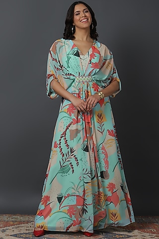 Powder Blue Luxury Georgette Digital Printed Kaftan by VINNY KHURANA OFFICIAL