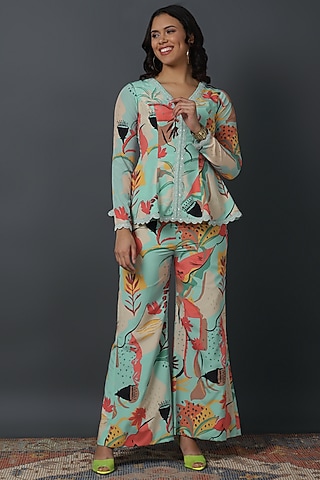 Powder Blue Natural Crepe Digital Printed Co-Ord Set by VINNY KHURANA OFFICIAL