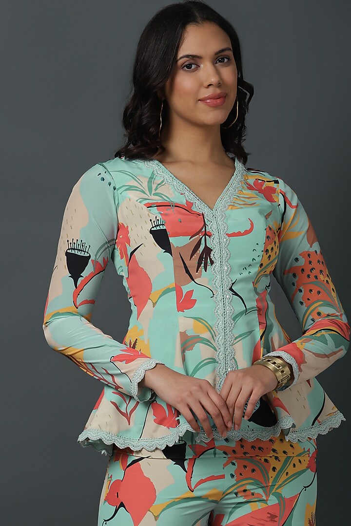 Powder Blue Natural Crepe Digital Printed Co-Ord Set by VINNY KHURANA OFFICIAL at Pernia's Pop Up Shop