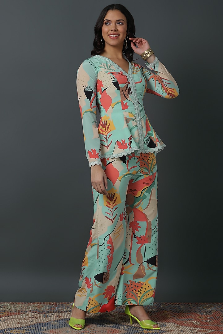 Powder Blue Natural Crepe Digital Printed Co-Ord Set by VINNY KHURANA OFFICIAL at Pernia's Pop Up Shop