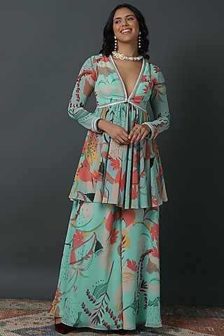 Powder Blue Luxury Georgette Digital Printed Co-Ord Set by VINNY KHURANA OFFICIAL