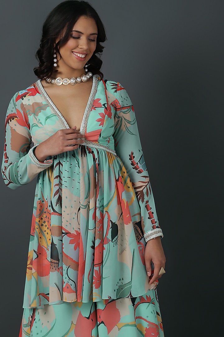 Powder Blue Luxury Georgette Digital Printed Co-Ord Set by VINNY KHURANA OFFICIAL at Pernia's Pop Up Shop
