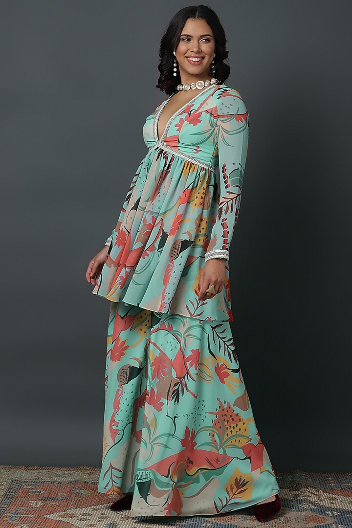 Powder Blue Luxury Georgette Digital Printed Co-Ord Set by VINNY KHURANA OFFICIAL at Pernia's Pop Up Shop