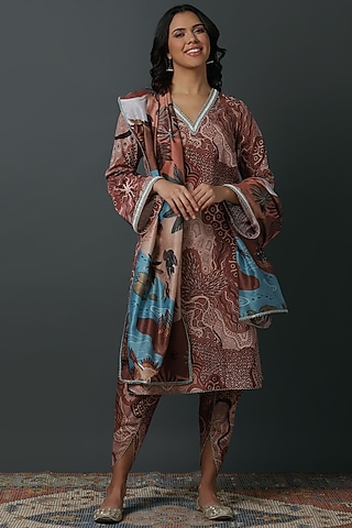 Brown Natural Crepe Digital Printed Kurta Set by VINNY KHURANA OFFICIAL