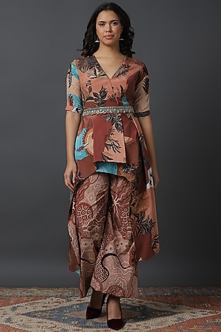 Brown Natural Crepe Digital Printed Tunic Set by VINNY KHURANA OFFICIAL