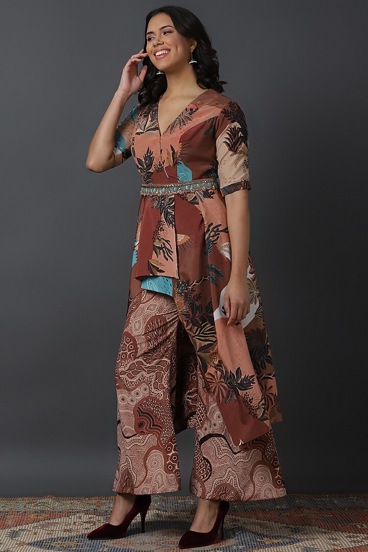 Brown Natural Crepe Digital Printed Tunic Set by VINNY KHURANA OFFICIAL at Pernia's Pop Up Shop