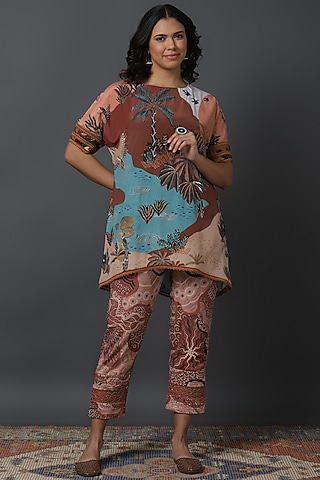 Brown Natural Crepe Digital Printed Co-Ord Set by VINNY KHURANA OFFICIAL