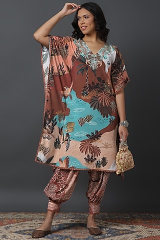 Brown Natural Crepe Digital Printed Kaftan Set by VINNY KHURANA OFFICIAL