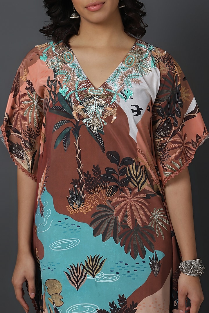 Brown Natural Crepe Digital Printed Kaftan Set by VINNY KHURANA OFFICIAL at Pernia's Pop Up Shop