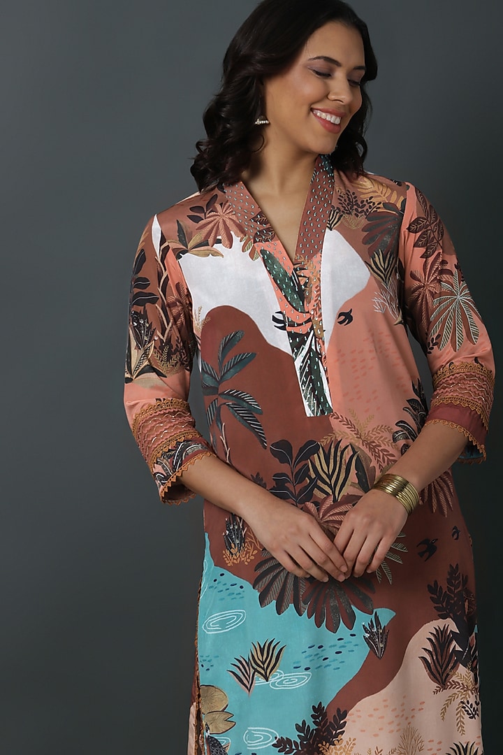 Brown Natural Crepe Digital Printed A-line Kurta Set by VINNY KHURANA OFFICIAL at Pernia's Pop Up Shop