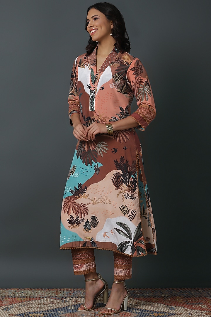 Brown Natural Crepe Digital Printed A-line Kurta Set by VINNY KHURANA OFFICIAL at Pernia's Pop Up Shop