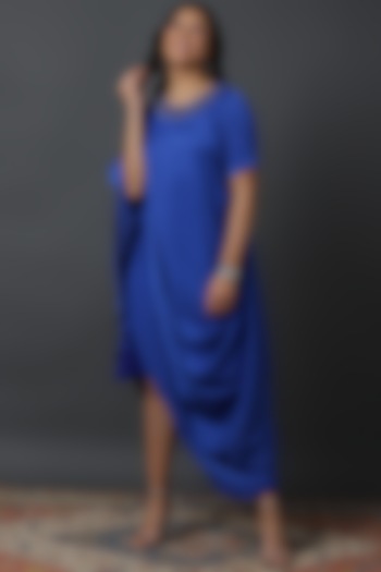 Royal Blue Chiffon Crepe Hand Embroidered Draped Cowl Dress by VINNY KHURANA OFFICIAL