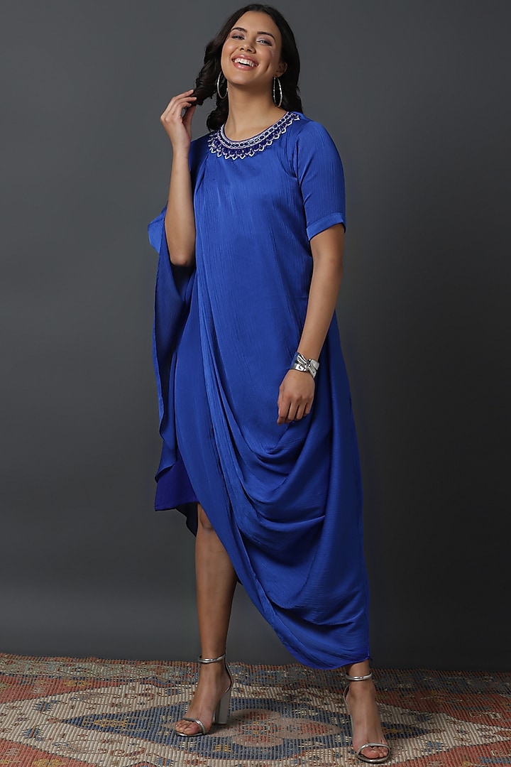 Royal Blue Chiffon Crepe Hand Embroidered Draped Cowl Dress by VINNY KHURANA OFFICIAL
