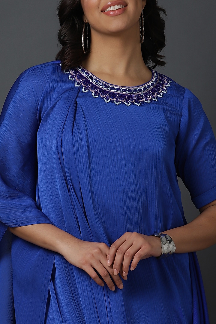 Royal Blue Chiffon Crepe Hand Embroidered Draped Cowl Summer Dress by VINNY KHURANA OFFICIAL at Pernia's Pop Up Shop