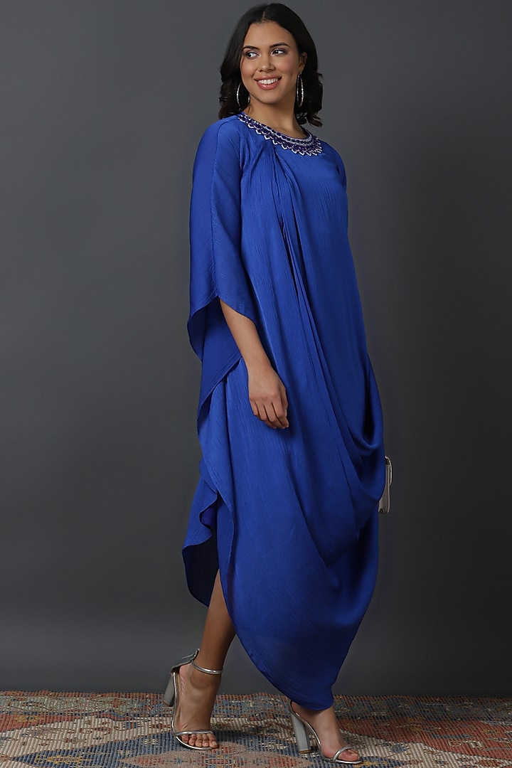 Royal Blue Chiffon Crepe Hand Embroidered Draped Cowl Summer Dress by VINNY KHURANA OFFICIAL at Pernia's Pop Up Shop