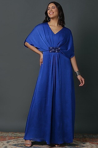 Royal Blue Chiffon Crepe Hand Embroidered Kaftan by VINNY KHURANA OFFICIAL