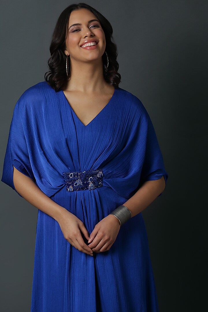 Royal Blue Chiffon Crepe Hand Embroidered Kaftan by VINNY KHURANA OFFICIAL at Pernia's Pop Up Shop