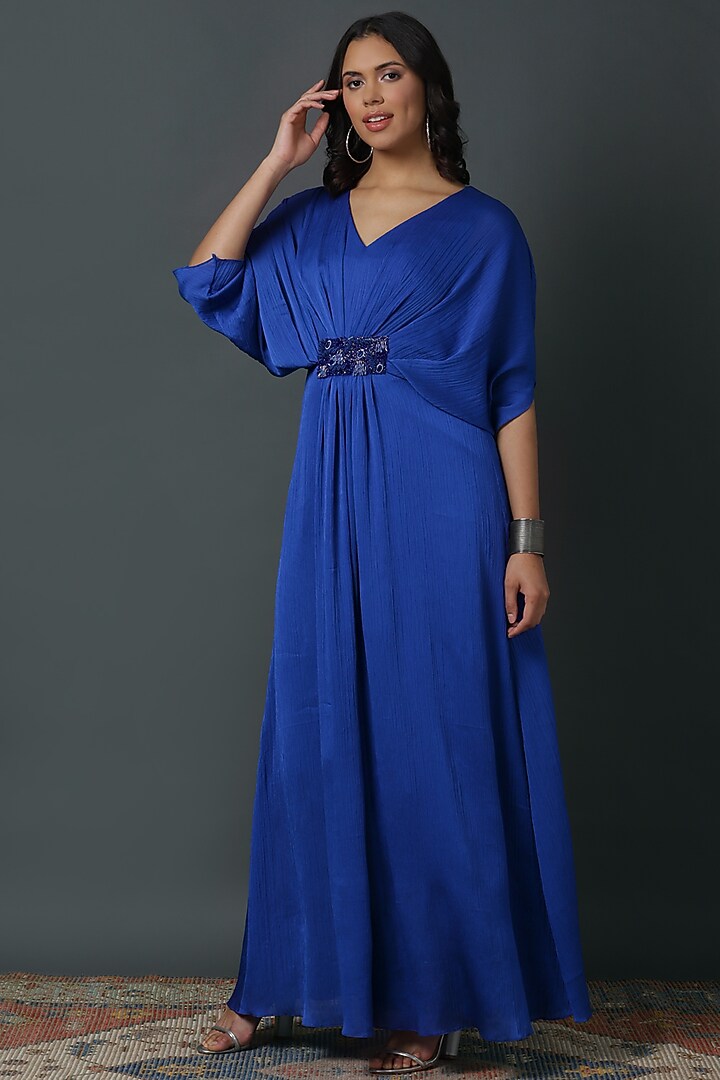 Royal Blue Chiffon Crepe Hand Embroidered Kaftan by VINNY KHURANA OFFICIAL at Pernia's Pop Up Shop