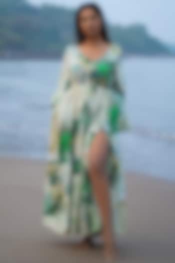 White & Green Printed Boho Dress by Vilayaa