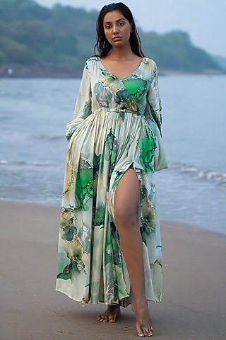 White & Green Printed Boho Dress by Vilayaa