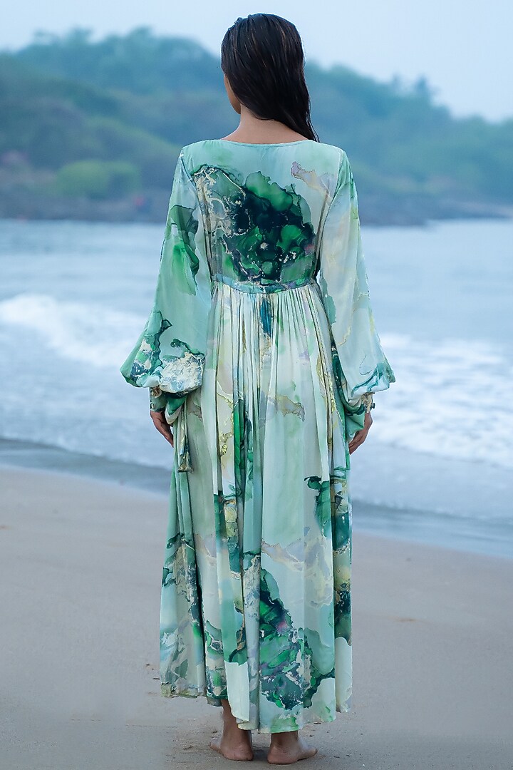 White & Green Printed Boho Vacation Dress by Vilayaa at Pernia's Pop Up Shop