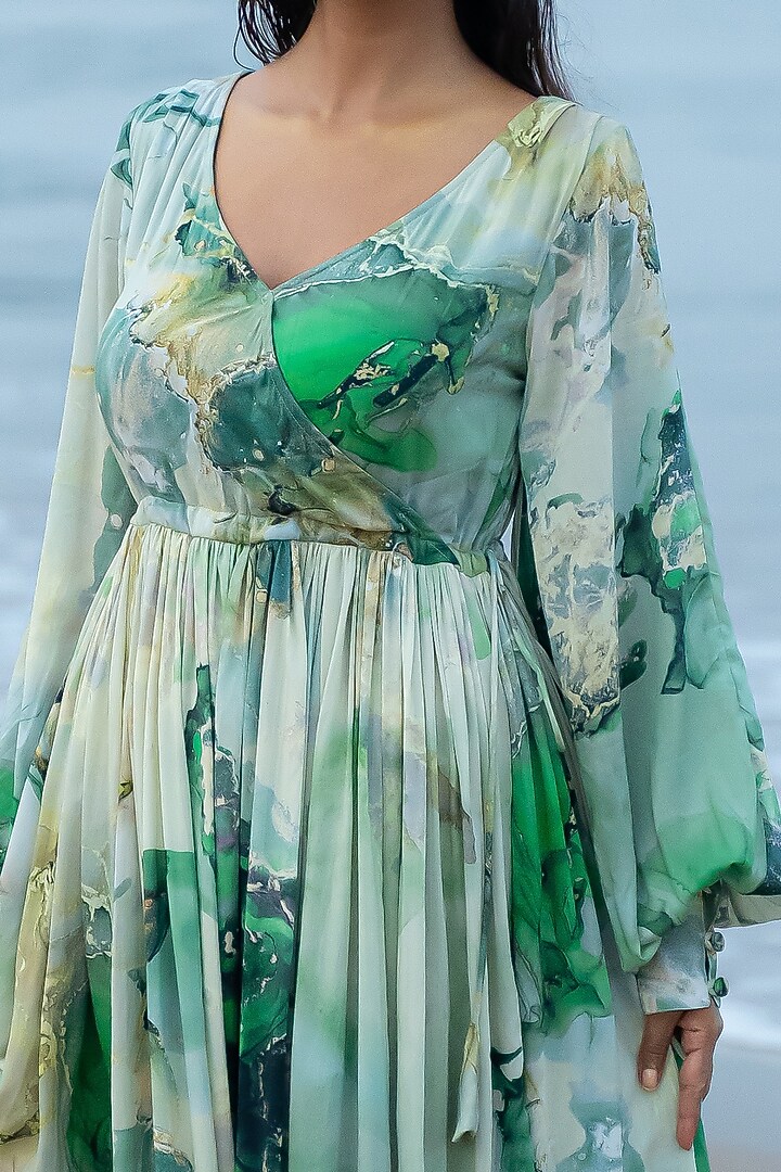White & Green Printed Boho Vacation Dress by Vilayaa at Pernia's Pop Up Shop