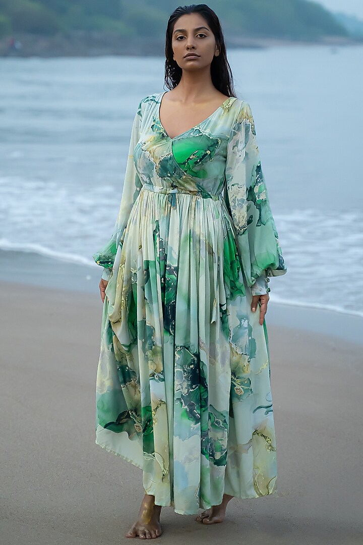 White & Green Printed Boho Vacation Dress by Vilayaa at Pernia's Pop Up Shop