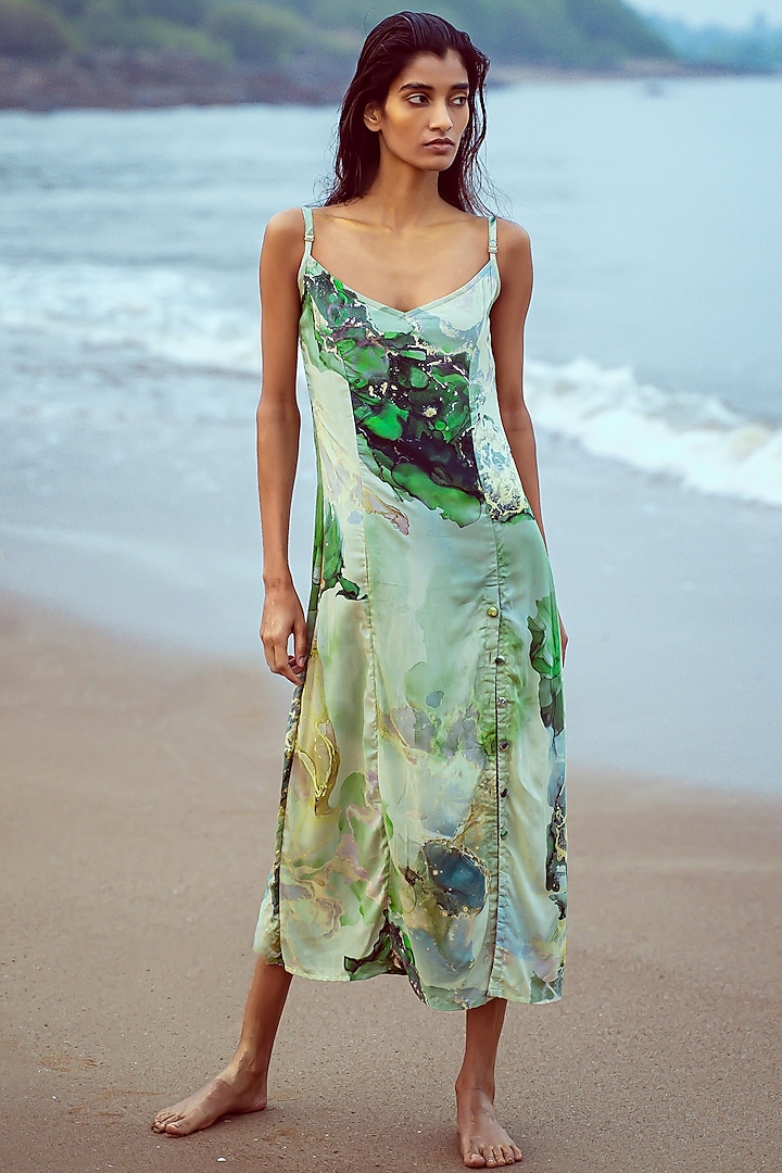 White & Green Printed Slip Dress by Vilayaa