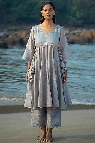 Powder Blue Cotton Silk Kurta Set by Vilayaa