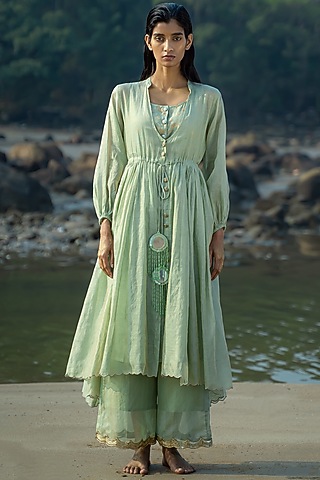 Sage Green Cotton Silk Jacket by Vilayaa