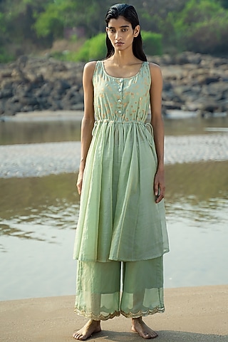 Sage Green Block Printed Kurta Set by Vilayaa