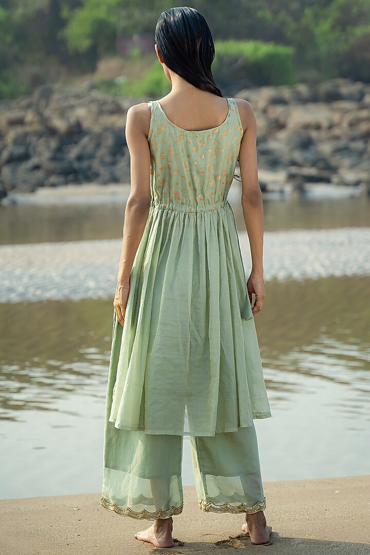 Sage Green Block Printed Kurta Set by Vilayaa at Pernia's Pop Up Shop