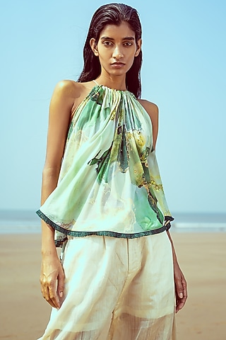 White & Green Printed Top by Vilayaa