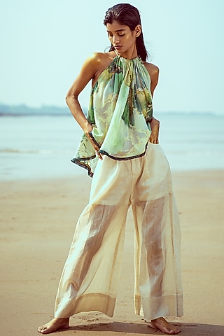 Off White Cotton Silk Pants by Vilayaa