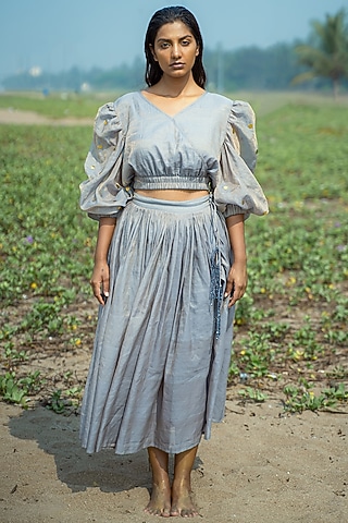 Powder Blue Cotton Silk Top by Vilayaa