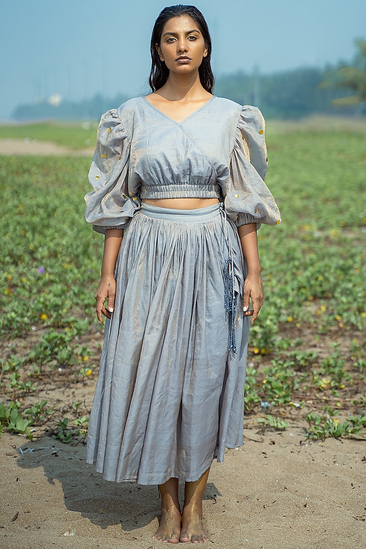 Powder Blue Chanderi Skirt by Vilayaa at Pernia's Pop Up Shop