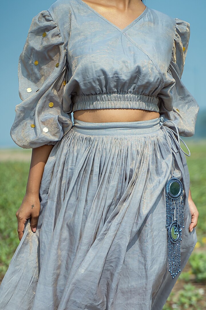 Powder Blue Chanderi Skirt by Vilayaa at Pernia's Pop Up Shop