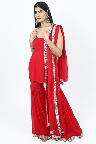 Pink Georgette Mirror Embroidered Sharara Set by VILAAS