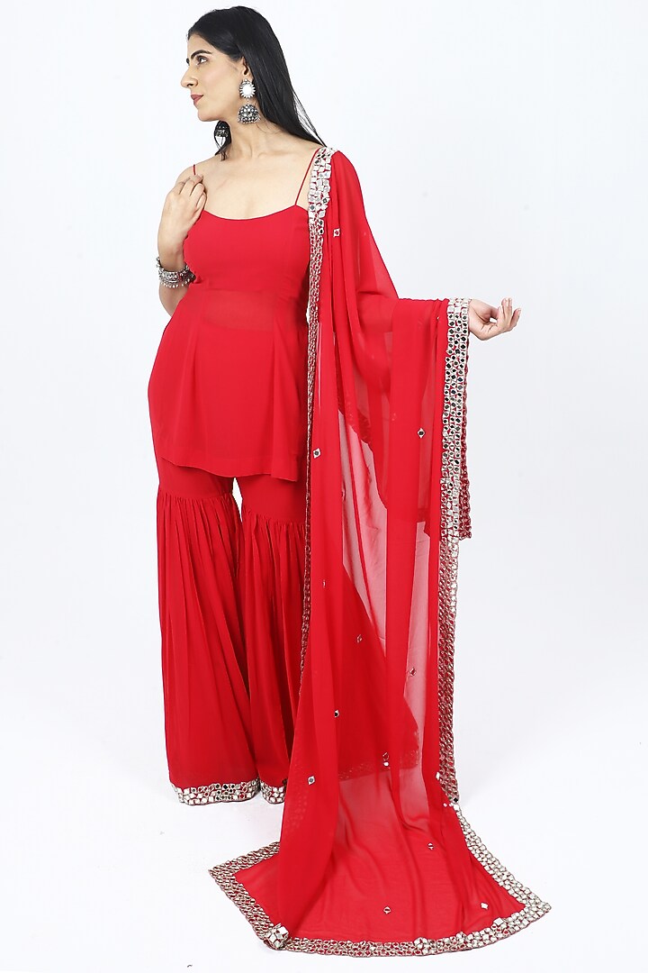 Pink Georgette Mirror Embroidered Wedding Sharara Set by VILAAS at Pernia's Pop Up Shop