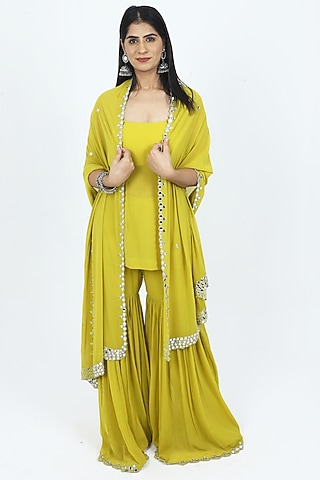 Lime Green Georgette Mirror Embroidered Sharara Set by VILAAS