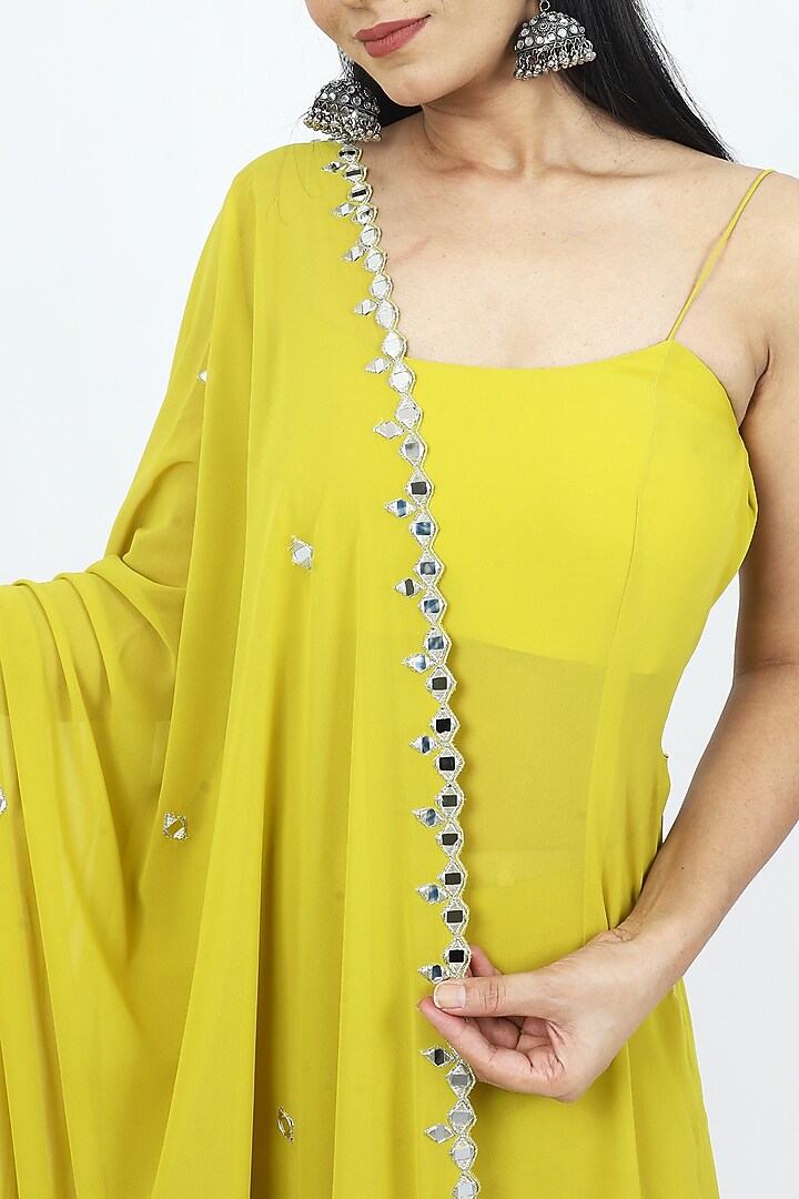 Lime Green Georgette Mirror Embroidered Wedding Sharara Set by VILAAS at Pernia's Pop Up Shop