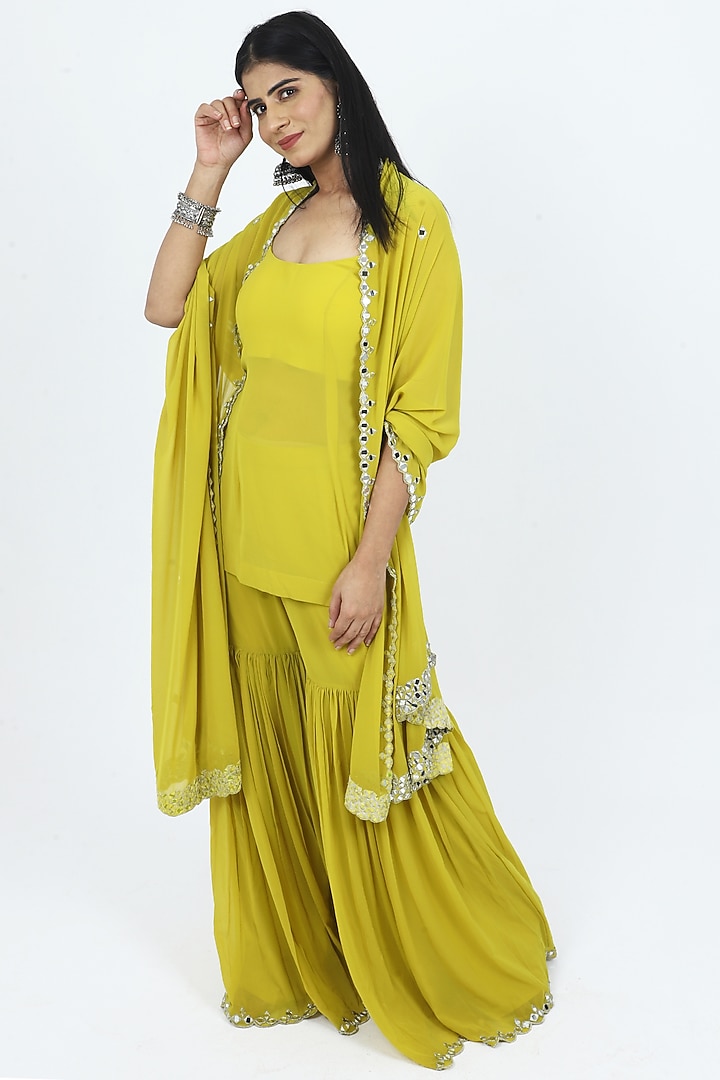 Lime Green Georgette Mirror Embroidered Wedding Sharara Set by VILAAS at Pernia's Pop Up Shop