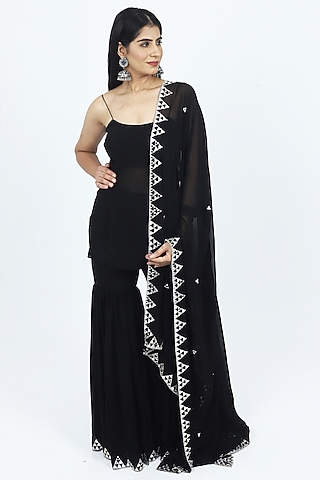 Black Georgette Mirror Embroidered Sharara Set by VILAAS