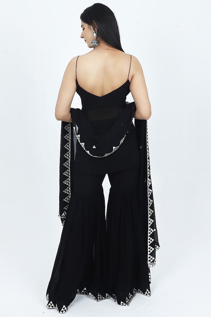 Black Georgette Mirror Embroidered Wedding Sharara Set by VILAAS at Pernia's Pop Up Shop
