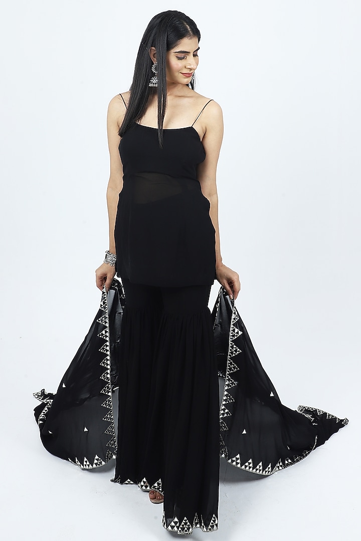 Black Georgette Mirror Embroidered Wedding Sharara Set by VILAAS at Pernia's Pop Up Shop
