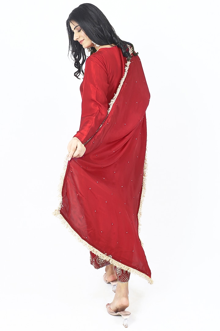 Red Pure Silk Cutdana & Dabka Embroidered Kurta Set by VILAAS at Pernia's Pop Up Shop